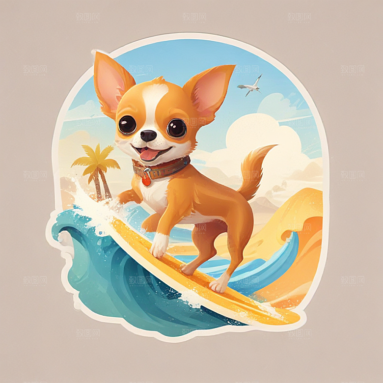 一只吉娃娃在冲浪插画卡通风格贴纸