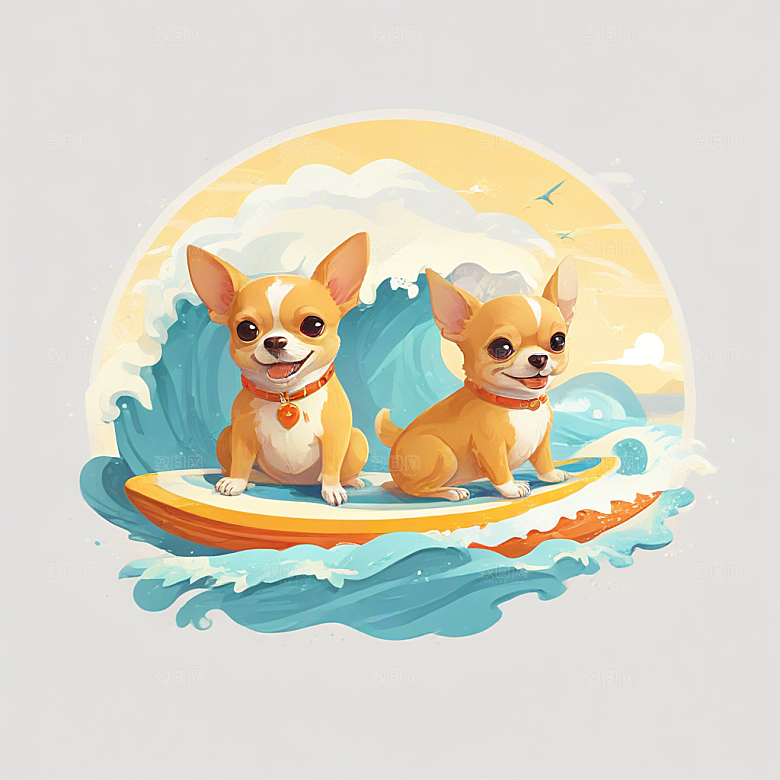 一只吉娃娃在冲浪插画卡通风格贴纸