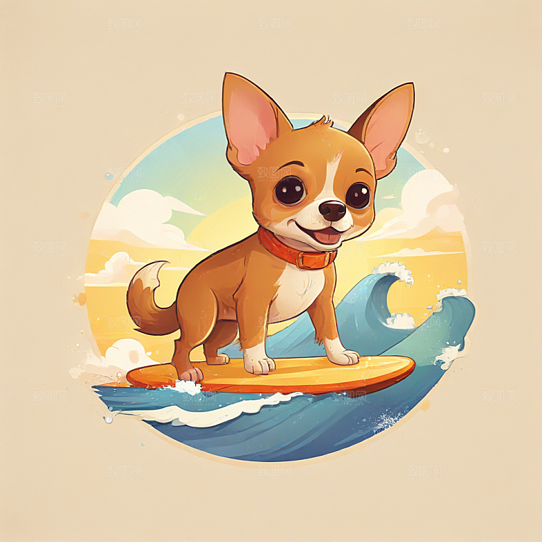 一只吉娃娃在冲浪插画卡通风格贴纸
