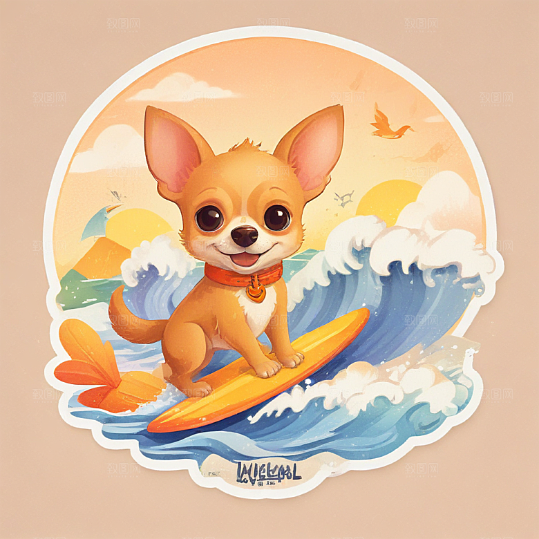 一只吉娃娃在冲浪插画卡通风格贴纸