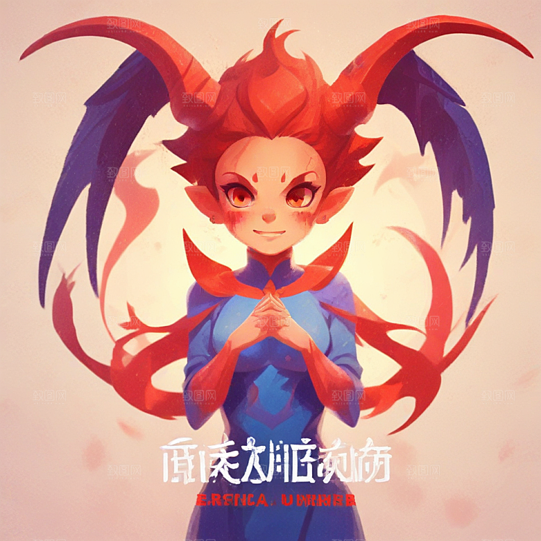 红皮肤的恶魔女孩插画卡通风格贴纸