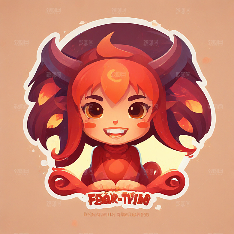 红皮肤的恶魔女孩插画卡通风格贴纸