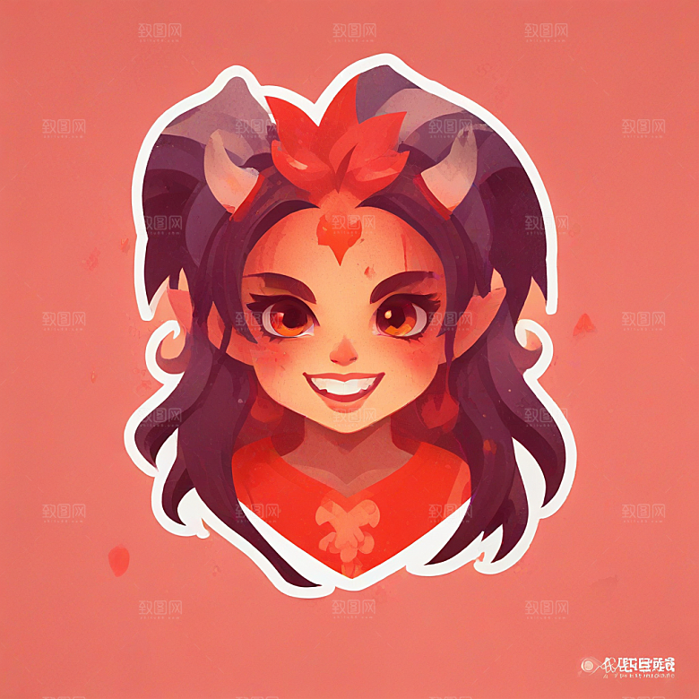 红皮肤的恶魔女孩插画卡通风格贴纸