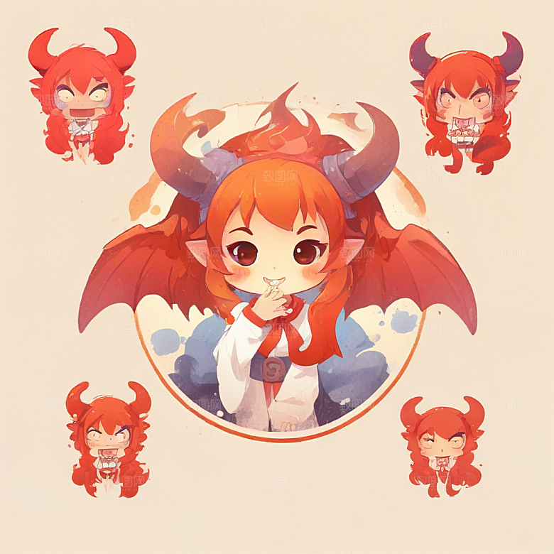 红皮肤的恶魔女孩插画卡通风格贴纸