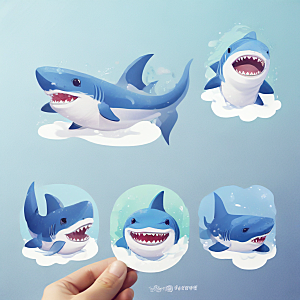 可爱的小鲨鱼插画卡通风格贴纸