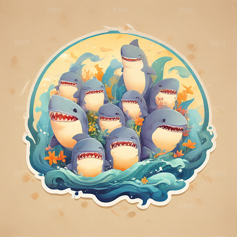 可爱的小鲨鱼插画卡通风格贴纸