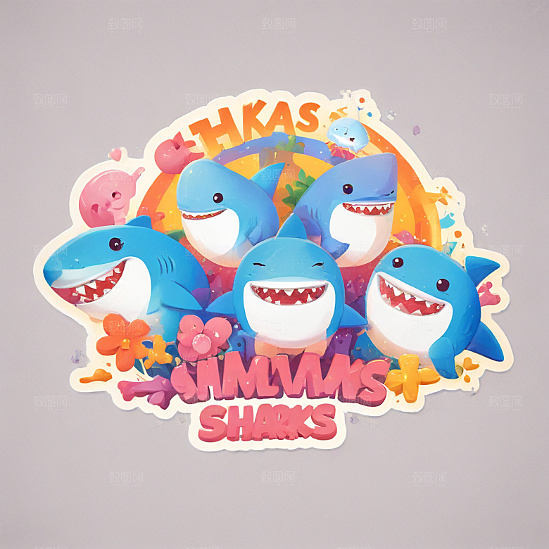 可爱的小鲨鱼插画卡通风格贴纸