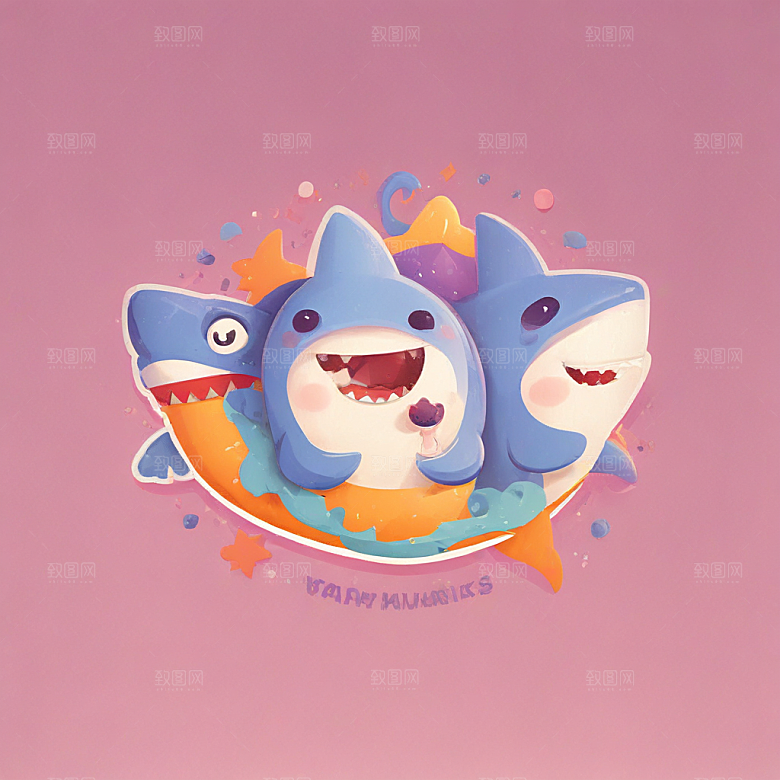 可爱的小鲨鱼插画卡通风格贴纸