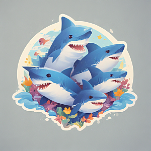 可爱的小鲨鱼插画卡通风格贴纸