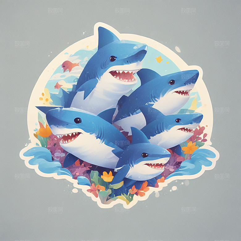 可爱的小鲨鱼插画卡通风格贴纸