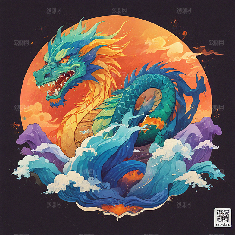 在冰山上站着喷火的中国龙插画卡通风格贴纸