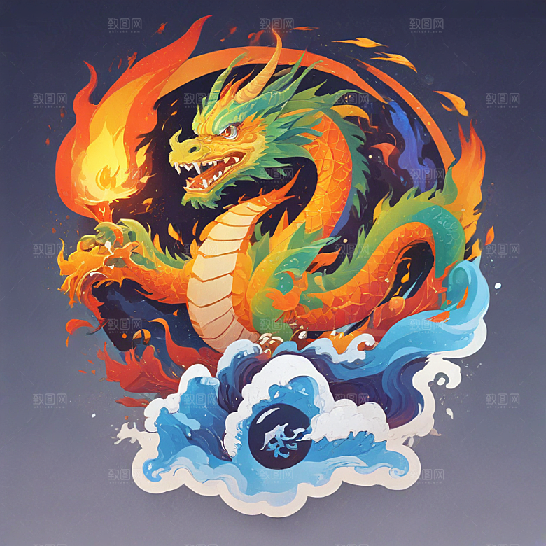 在冰山上站着喷火的中国龙插画卡通风格贴纸