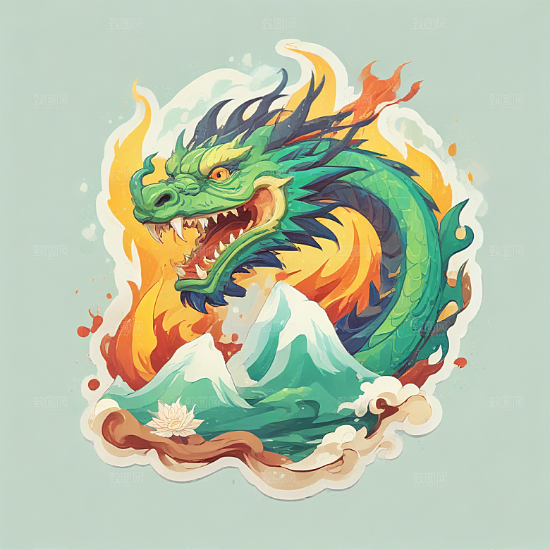 在冰山上站着喷火的中国龙插画卡通风格贴纸