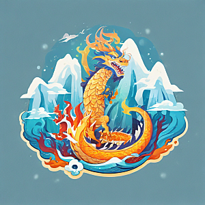 在冰山上站着喷火的中国龙插画卡通风格贴纸