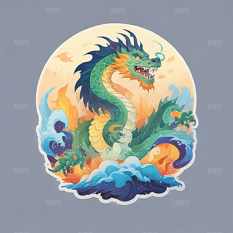 在冰山上站着喷火的中国龙插画卡通风格贴纸