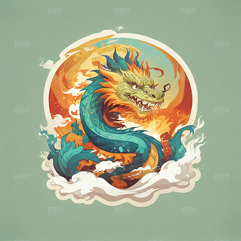 在冰山上站着喷火的中国龙插画卡通风格贴纸
