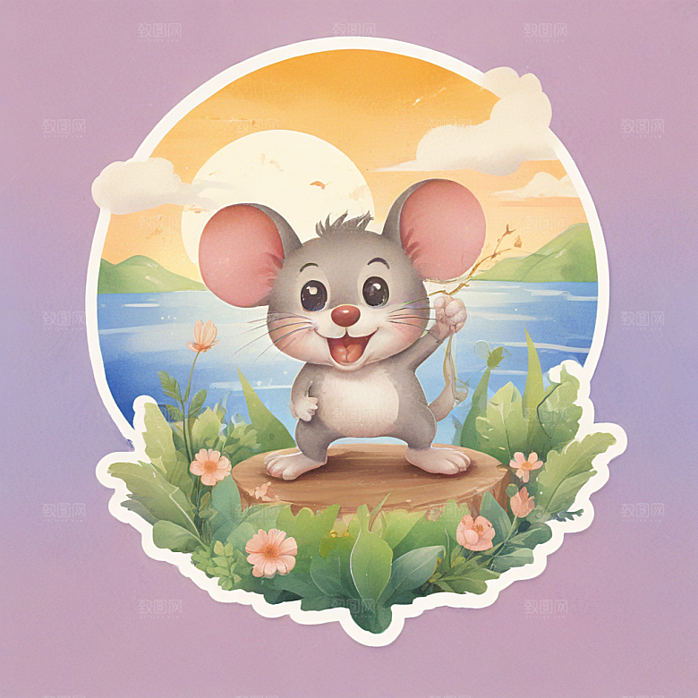 一个快乐的老鼠插画卡通风格贴纸