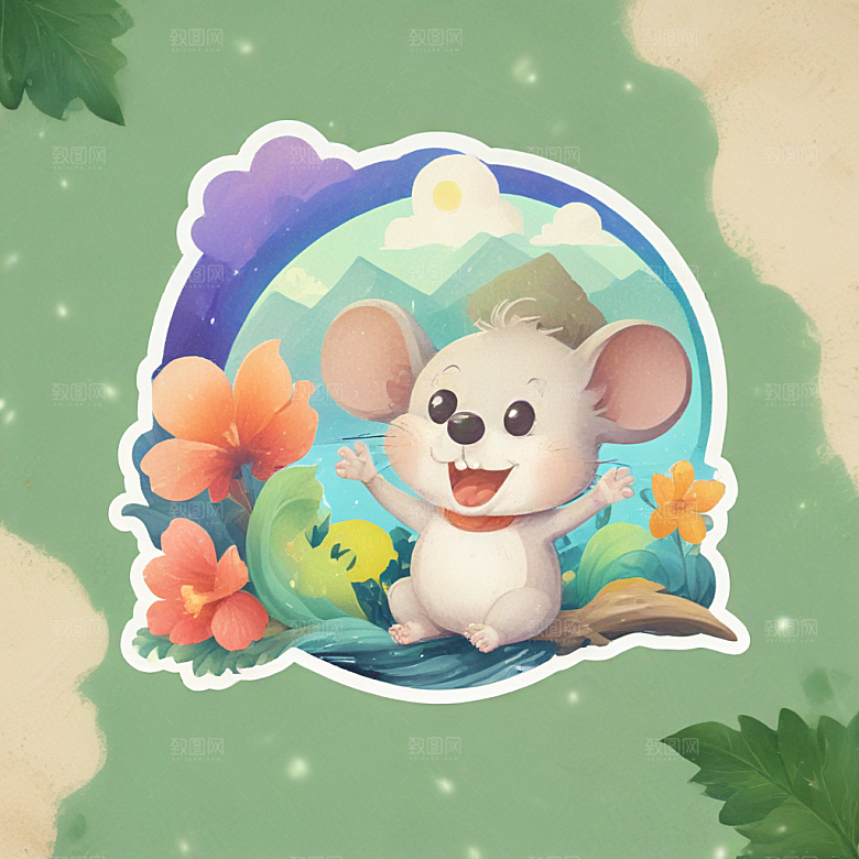一个快乐的老鼠插画卡通风格贴纸