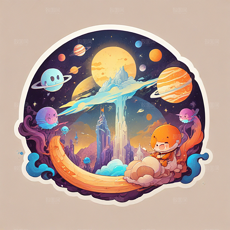 微笑太空歌剧插画卡通风格贴纸