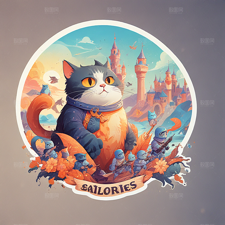 猫灾士兵插画卡通风格贴纸