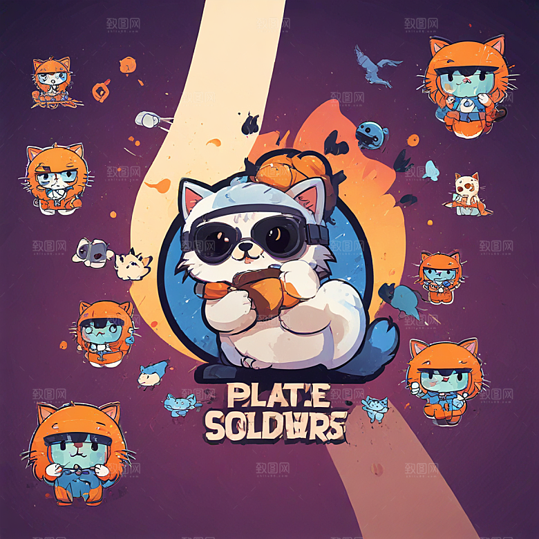 猫灾士兵插画卡通风格贴纸