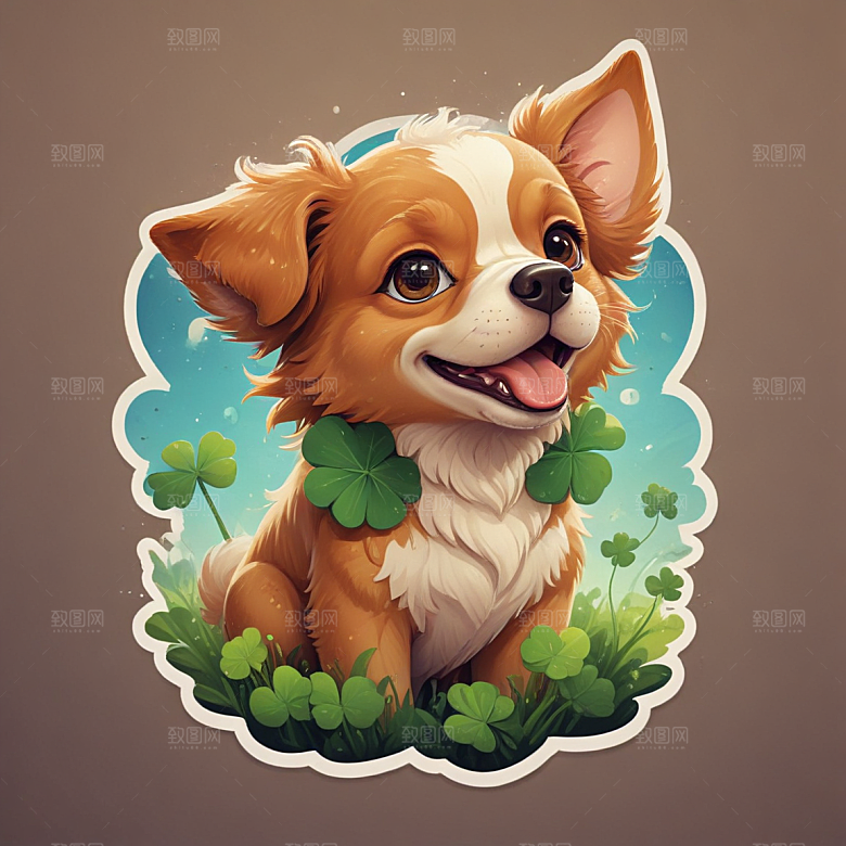 四叶草狗插画卡通风格贴纸