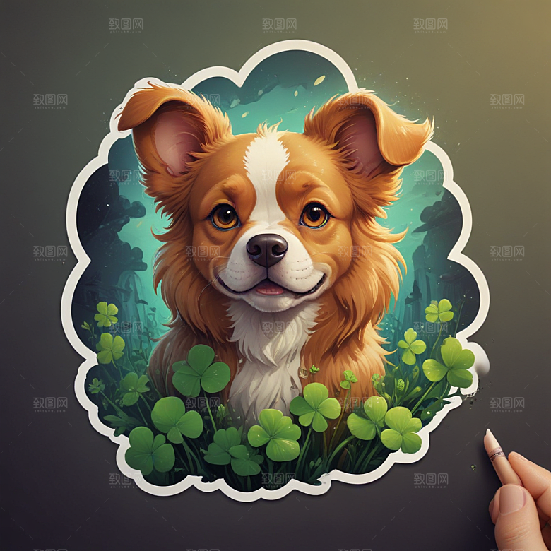 四叶草狗插画卡通风格贴纸