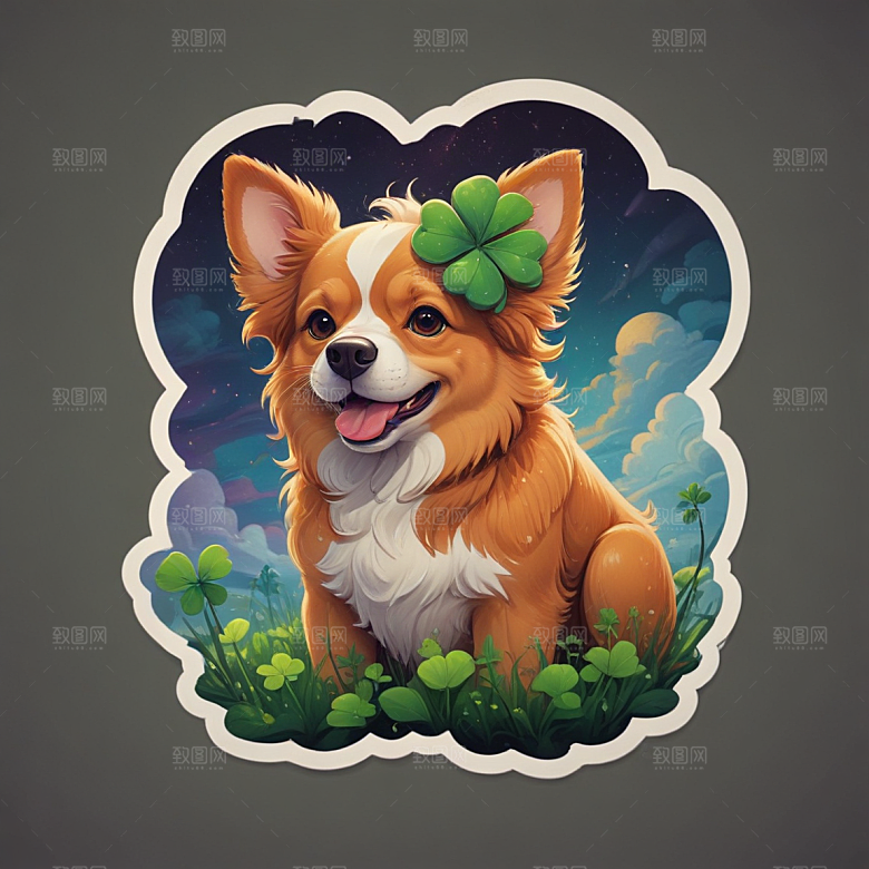 四叶草狗插画卡通风格贴纸