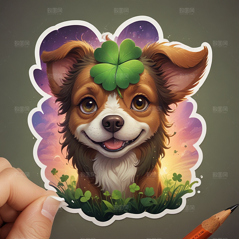 四叶草狗插画卡通风格贴纸