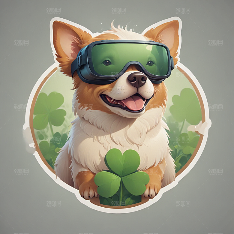 四叶草狗插画卡通风格贴纸