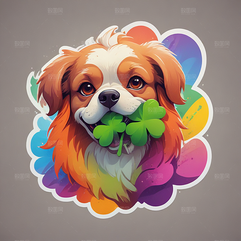 四叶草狗插画卡通风格贴纸