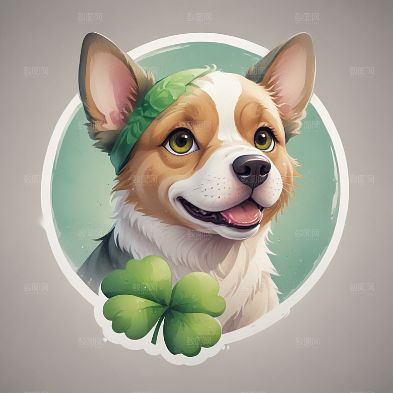四叶草狗插画卡通风格贴纸