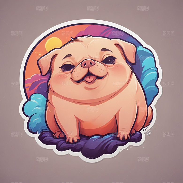鼾声猪与巴哥结合插画卡通风格贴纸