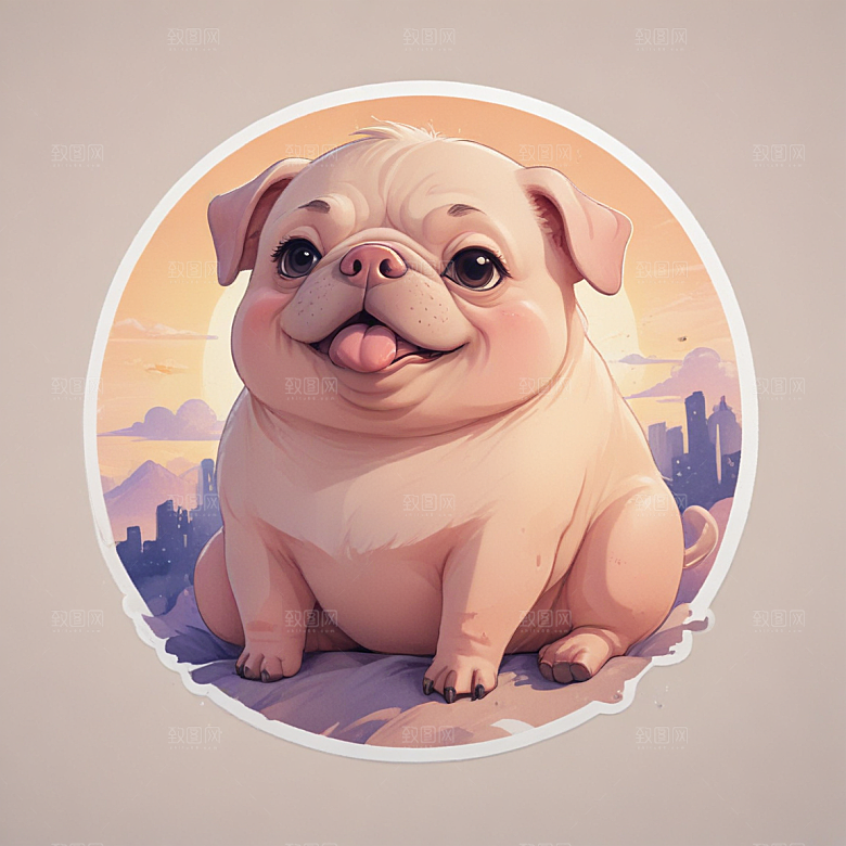鼾声猪与巴哥结合插画卡通风格贴纸