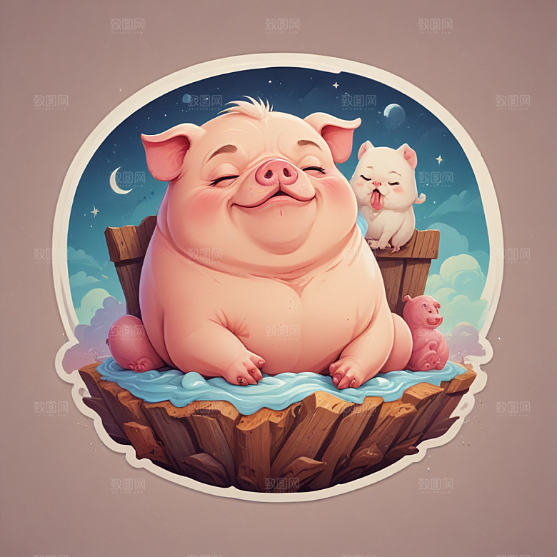 鼾声猪与巴哥结合插画卡通风格贴纸