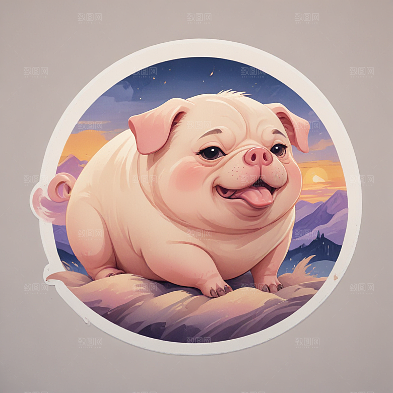 鼾声猪与巴哥结合插画卡通风格贴纸