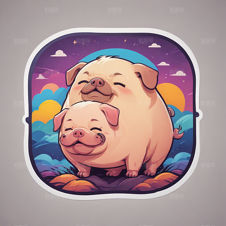 鼾声猪与巴哥结合插画卡通风格贴纸