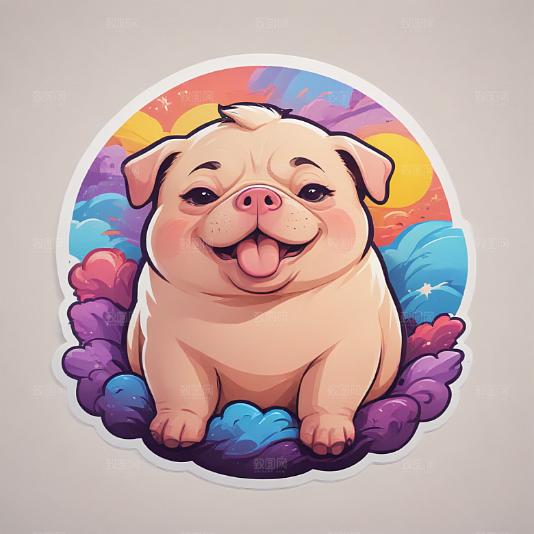 鼾声猪与巴哥结合插画卡通风格贴纸