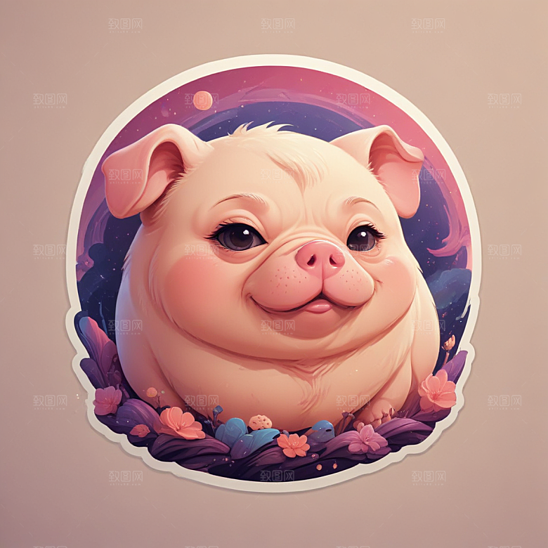 鼾声猪与巴哥结合插画卡通风格贴纸