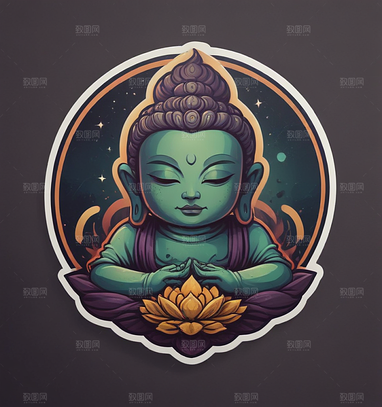 星际禅意蓝紫光晕中佛影图片