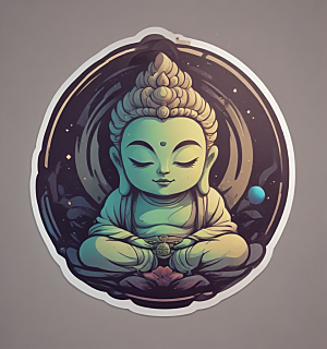星际禅意蓝紫光晕中佛影图片
