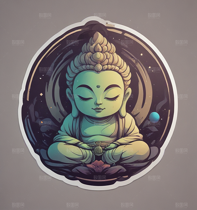 星际禅意蓝紫光晕中佛影图片