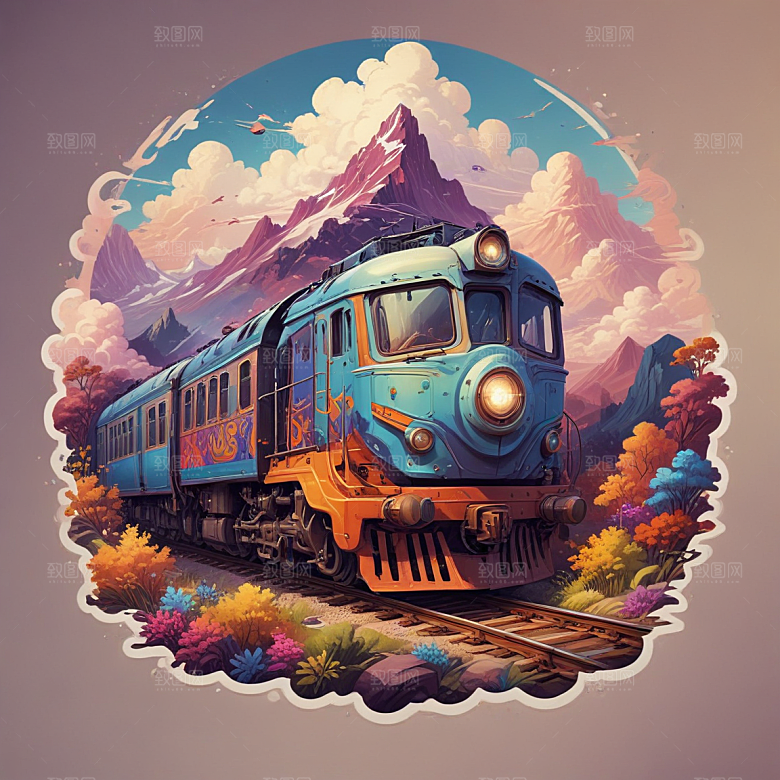 现代火车插画卡通风格贴纸