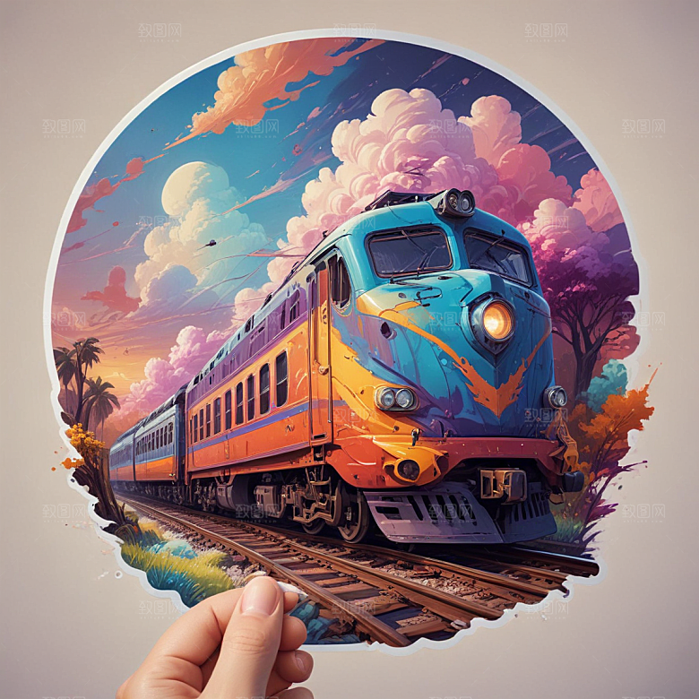 现代火车插画卡通风格贴纸