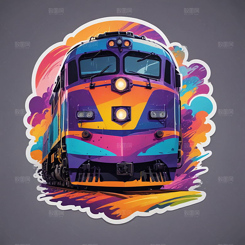现代火车插画卡通风格贴纸