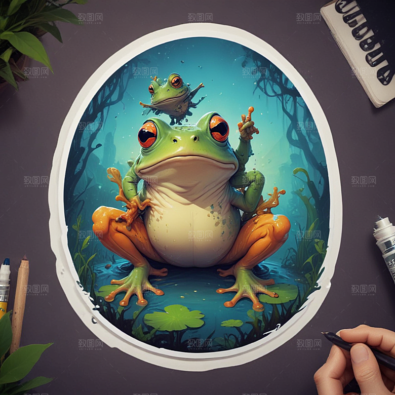 敬礼青蛙插画卡通风格贴纸