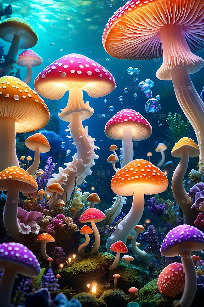 海底世界的蘑菇盛宴梦幻的蘑菇灯笼彩虹