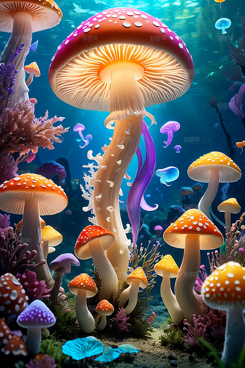 海底世界的蘑菇盛宴梦幻的蘑菇灯笼彩虹