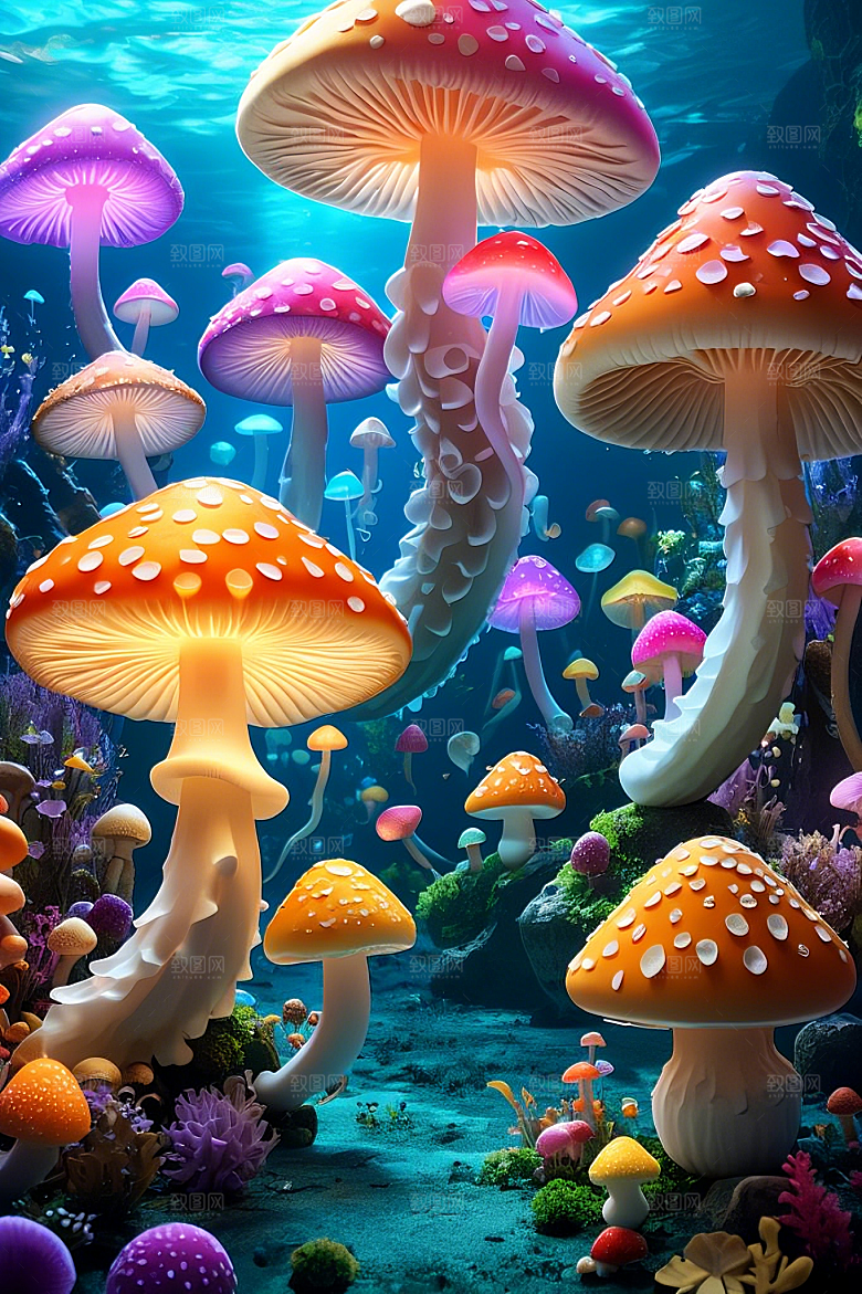 海底世界的蘑菇盛宴梦幻的蘑菇灯笼彩虹