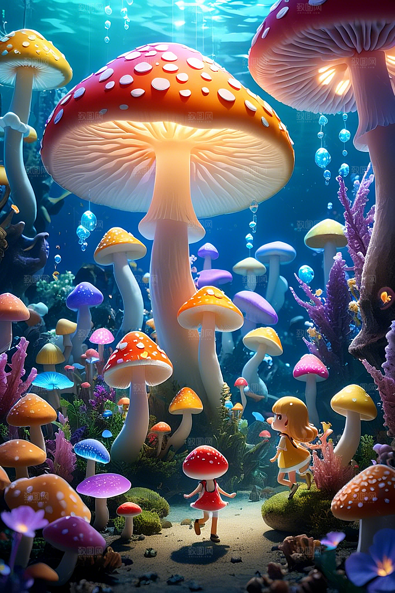 海底世界的蘑菇盛宴梦幻的蘑菇灯笼彩虹